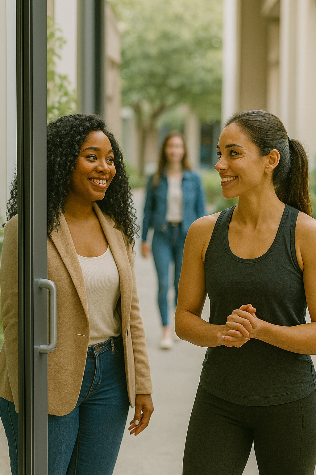Woman holding door open for another woman to get in